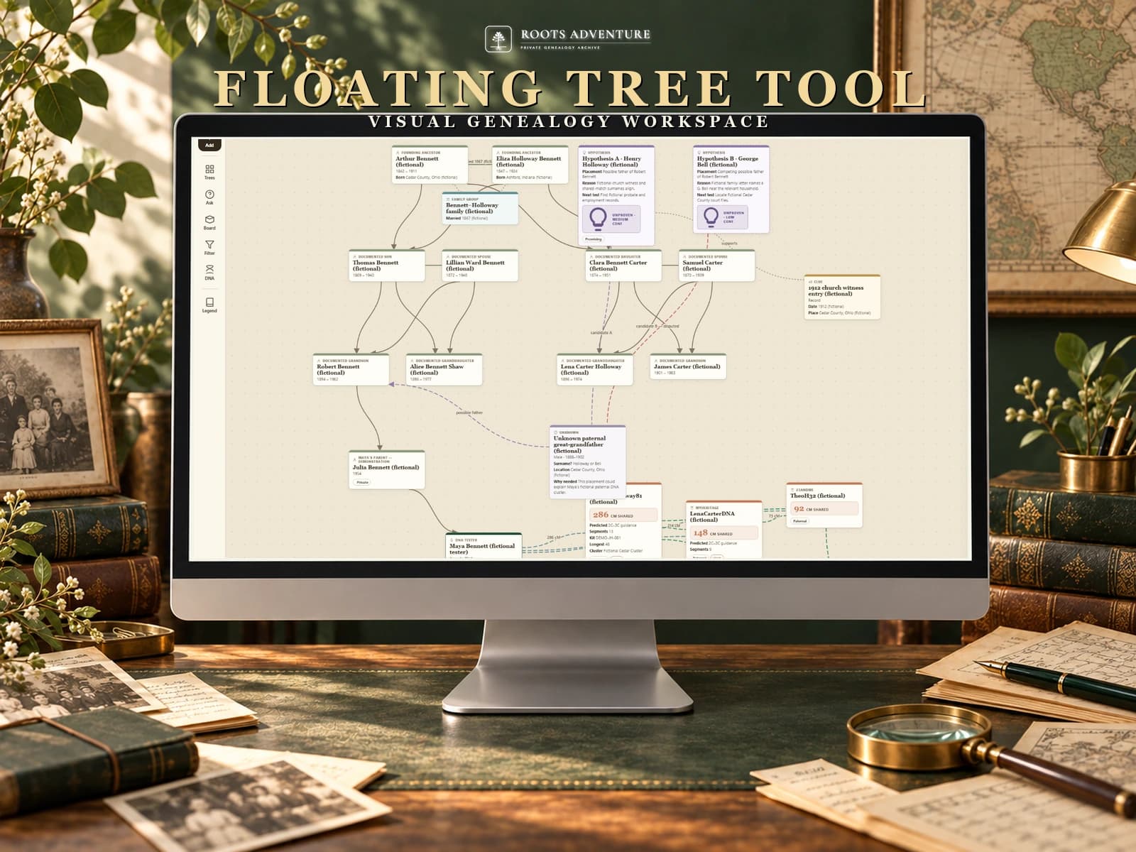 Roots Adventure Floating Tree Tool product artwork showing the real visual tree workspace.