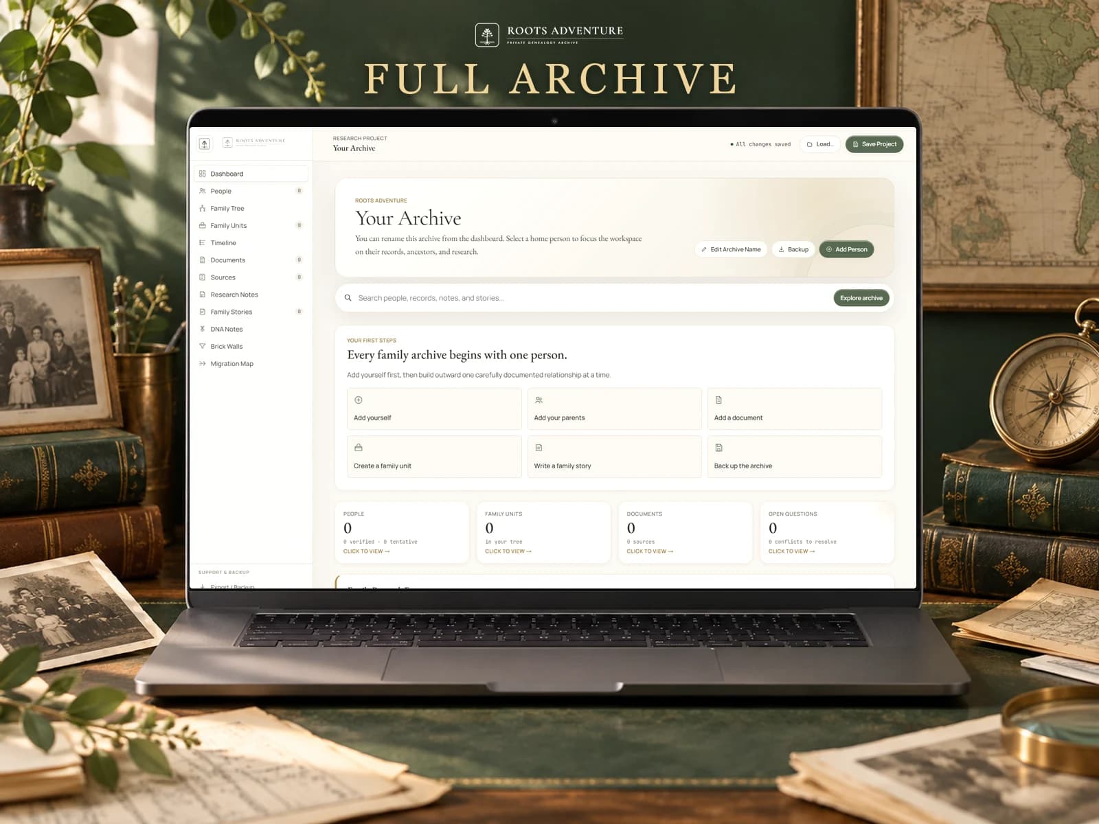 Roots Adventure Full Archive product artwork showing the real archive dashboard.