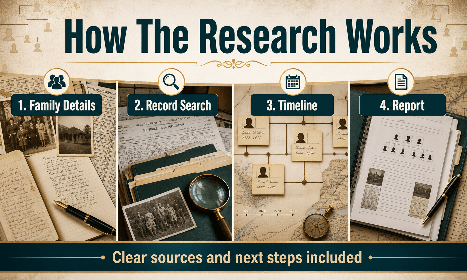 Genealogy research process artwork with records and family history materials.