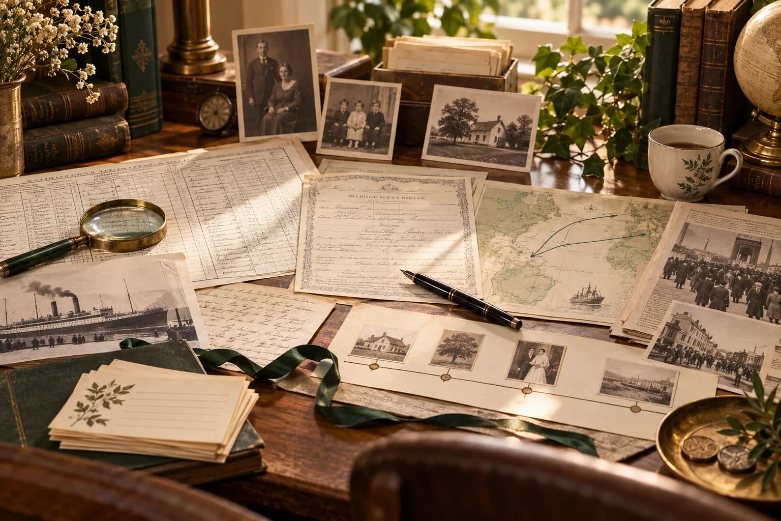 Genealogy records, photographs, a magnifying glass, and source notes arranged for family research.
