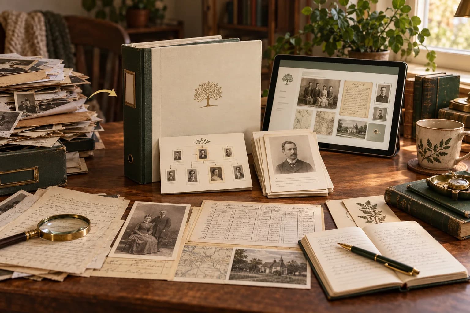 Organized private genealogy archive workspace with family tree cards, records, photos, and notes.