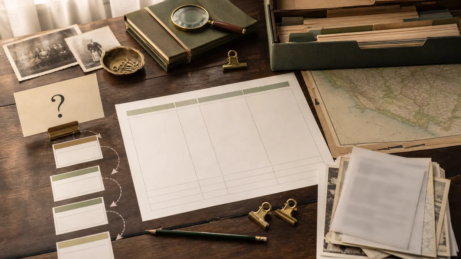 A genealogy research plan with notes, archival folders, maps, family photographs, and next-step cards.