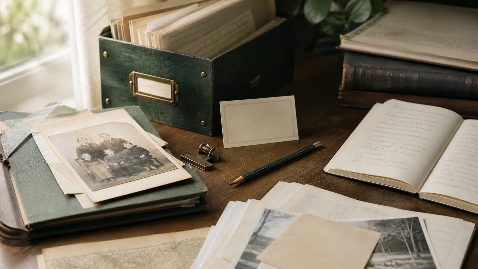 A calm genealogy desk with source notes, archival folders, photographs, and citation cards arranged for family-history research.