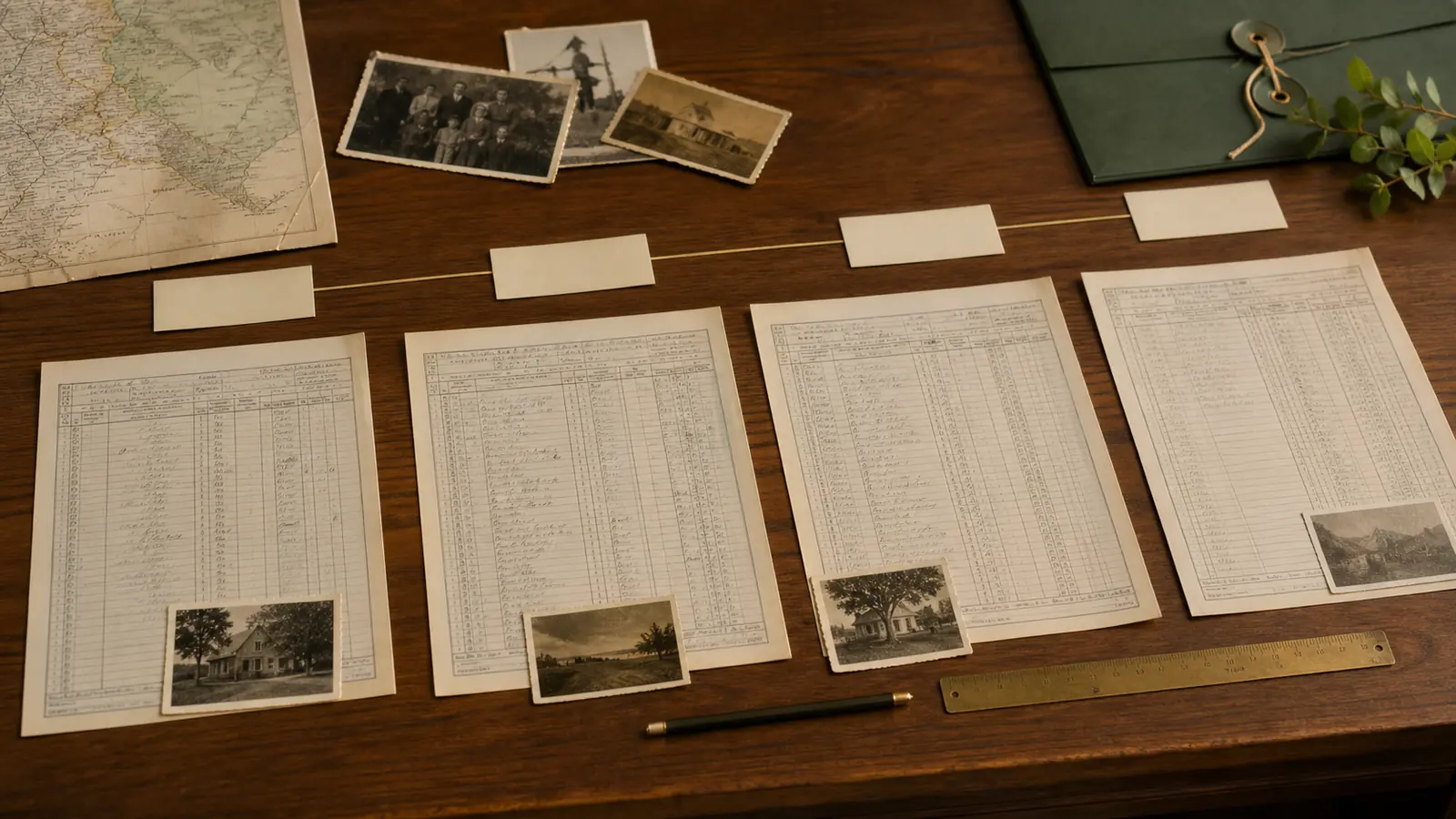 Several census-style records, timeline notes, maps, and family photographs compared across decades.