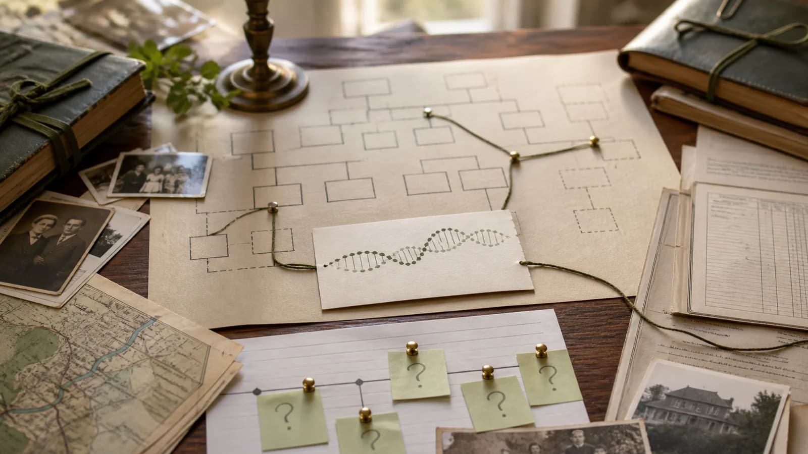 DNA clue card, family tree sketch, records, map, and photographs arranged for careful genealogy context.