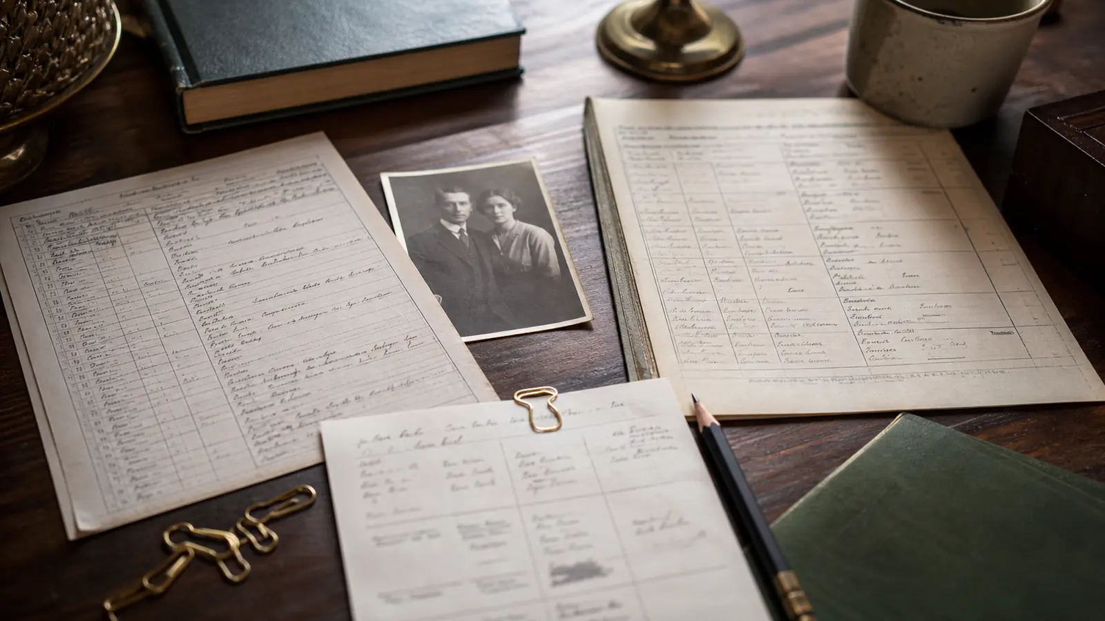 Conflicting genealogy records, research notes, and family photographs compared on a warm archival desk.