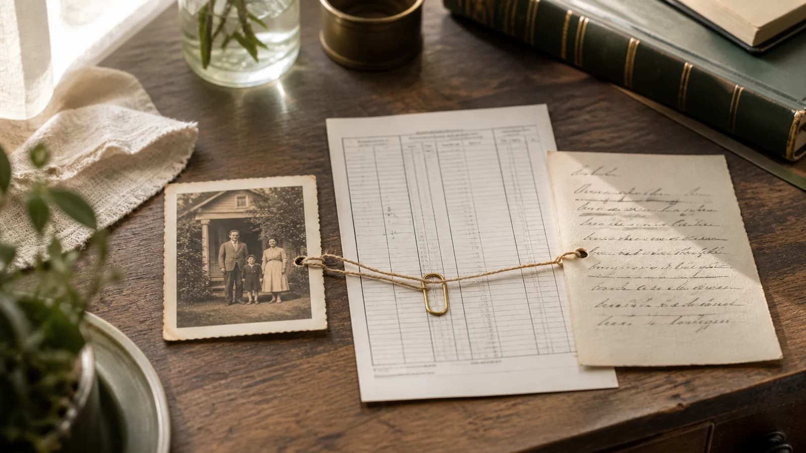 Family photograph, archival record, and handwritten memory note arranged together as genealogy evidence and family story.
