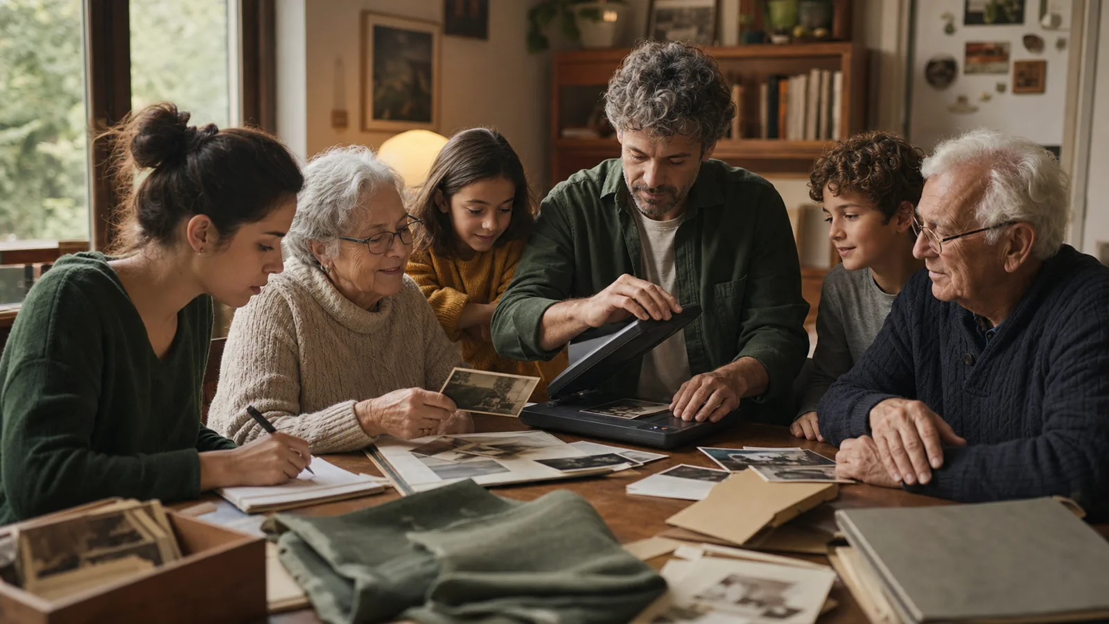 Family members working together with photographs, stories, and a shared digital family-history archive.