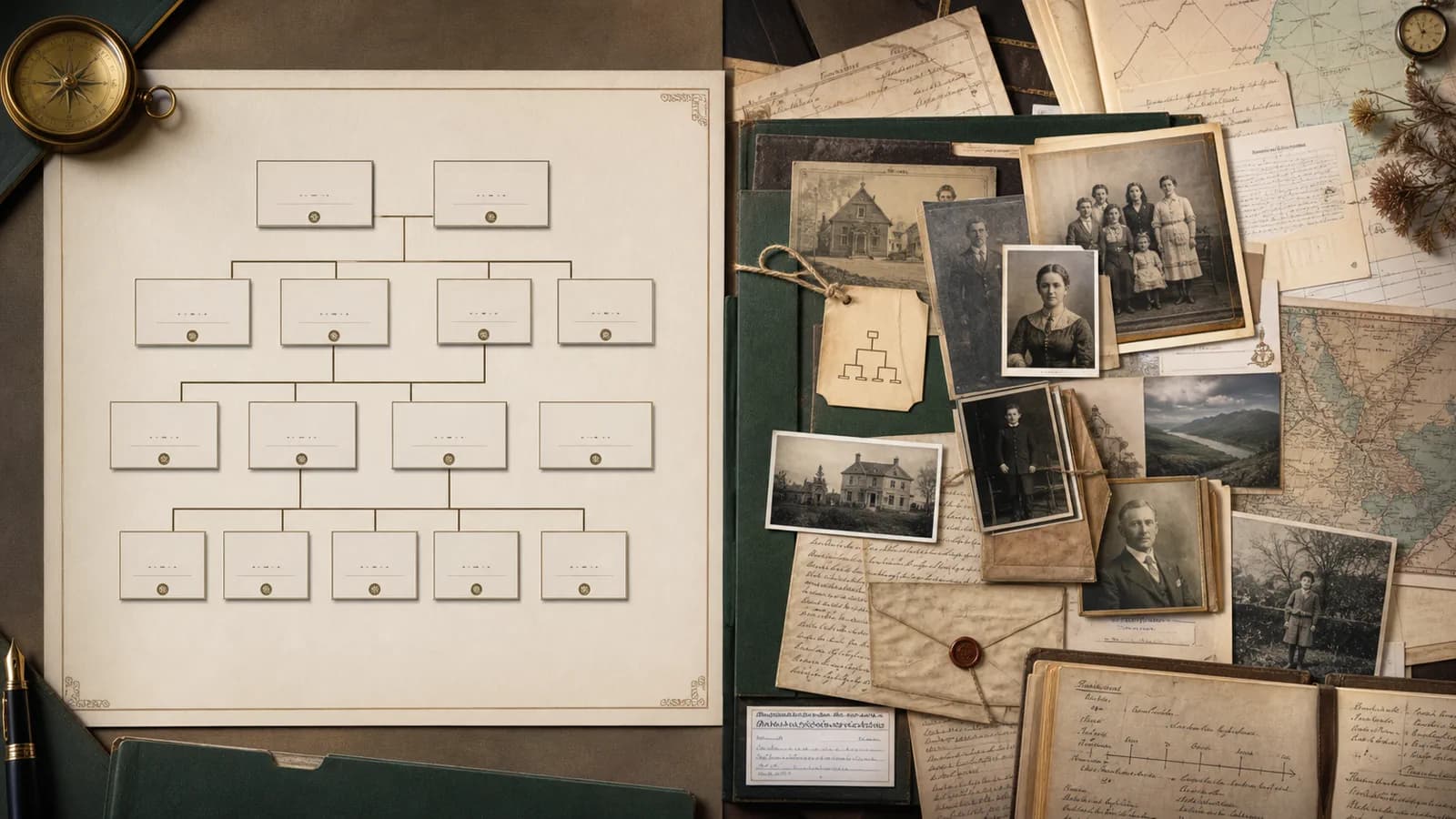 A family tree diagram shown alongside photographs, documents, and archival family-history materials.
