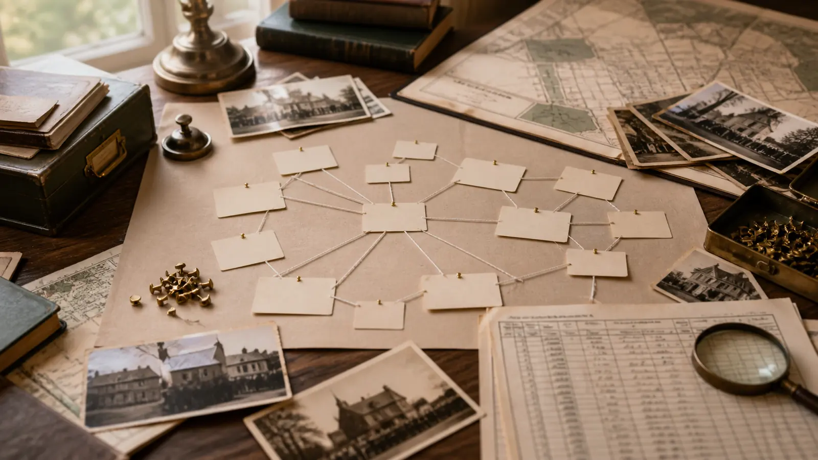 A genealogy network of family, associates, and neighbors mapped with archival records and thread connections.