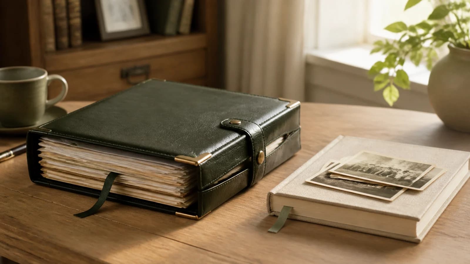 A full family archive binder and a simpler family story journal shown side by side on a warm archival desk.
