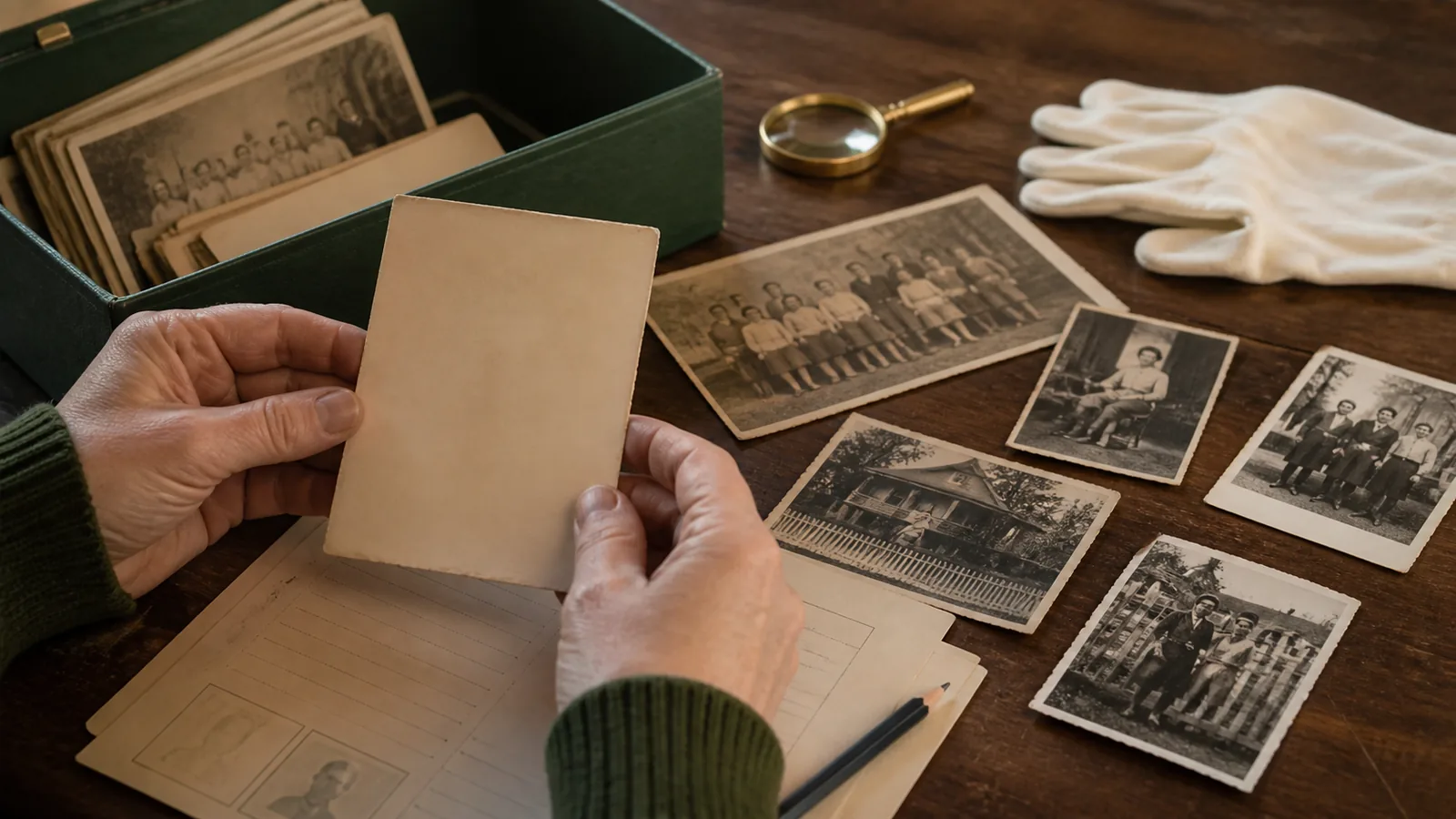 Old family photographs, a magnifying glass, and careful identification notes on an archival work surface.