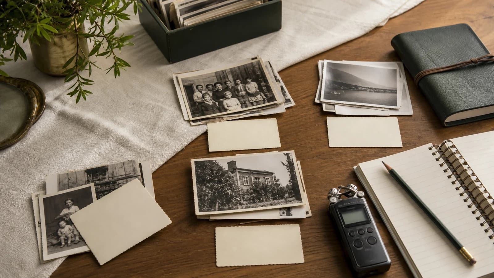Old family photographs sorted into careful groups beside note cards, a recorder, and a notebook for preserving stories.