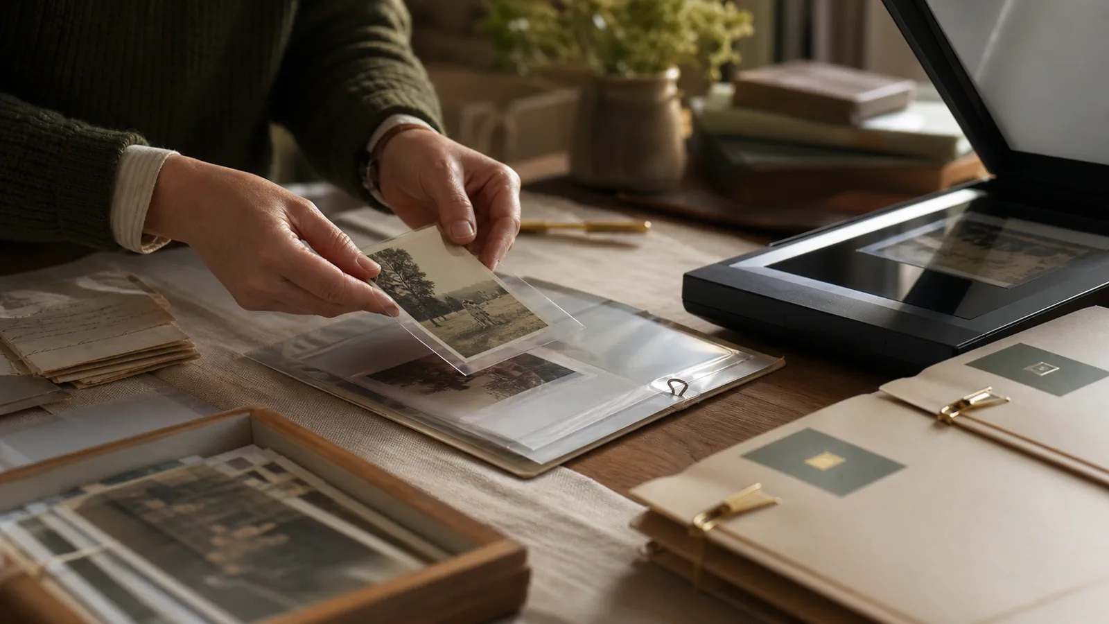 Family photographs, documents, and handwritten stories being carefully organized for long-term preservation.