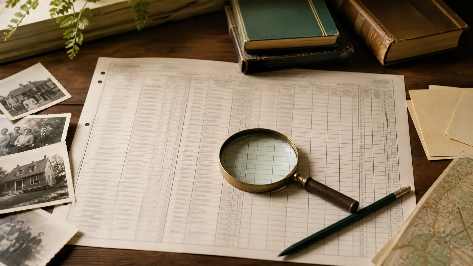 A magnifying glass, census-style worksheet, family photographs, and notes arranged for careful census research.
