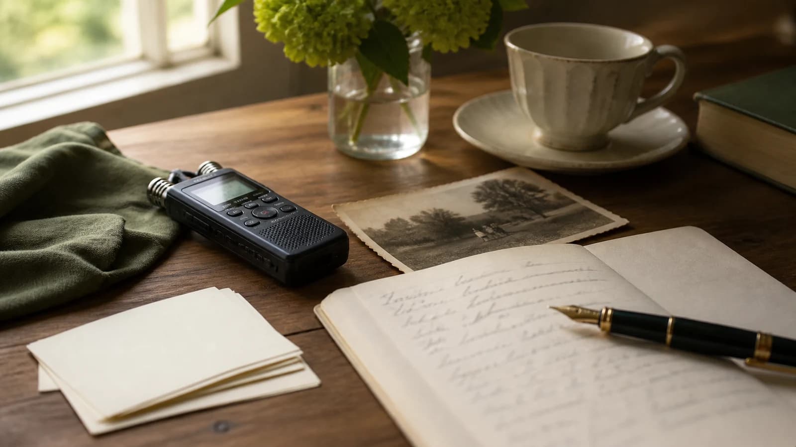 A voice recorder, notebook, tea, and family photograph prepared for recording family stories with attribution.