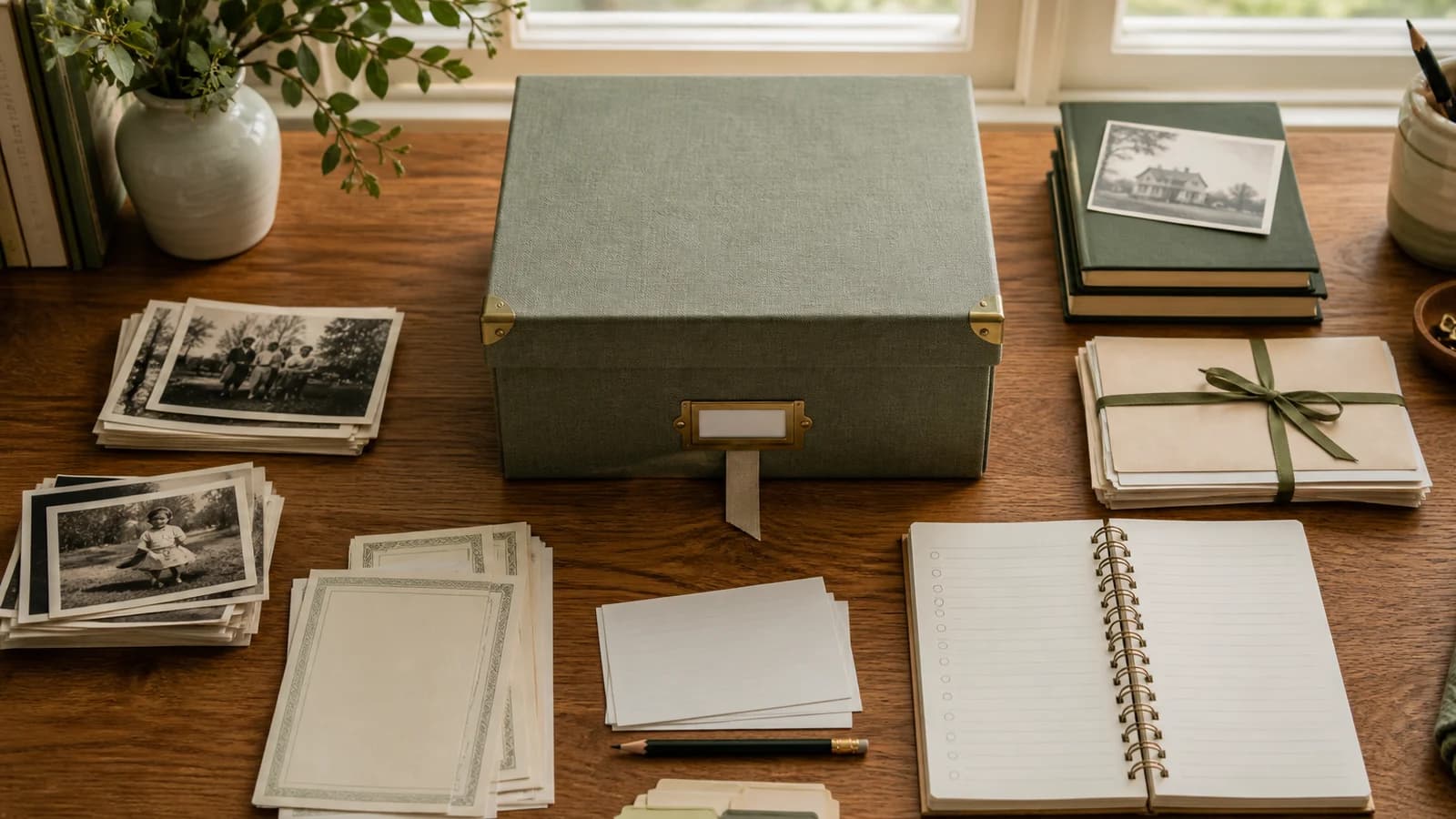 Family photographs, blank note cards, folders, notebook, and archive box prepared before starting a family history project.