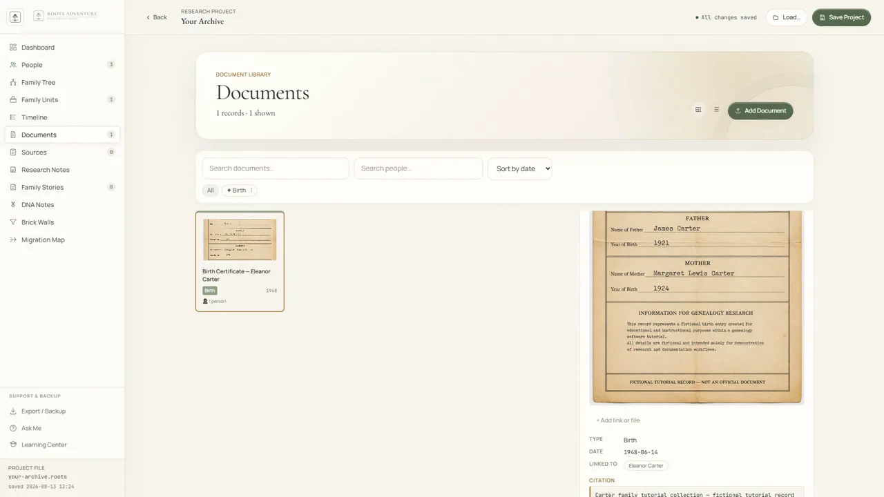 Adding Evidence tutorial preview from the Roots Adventure interface.
