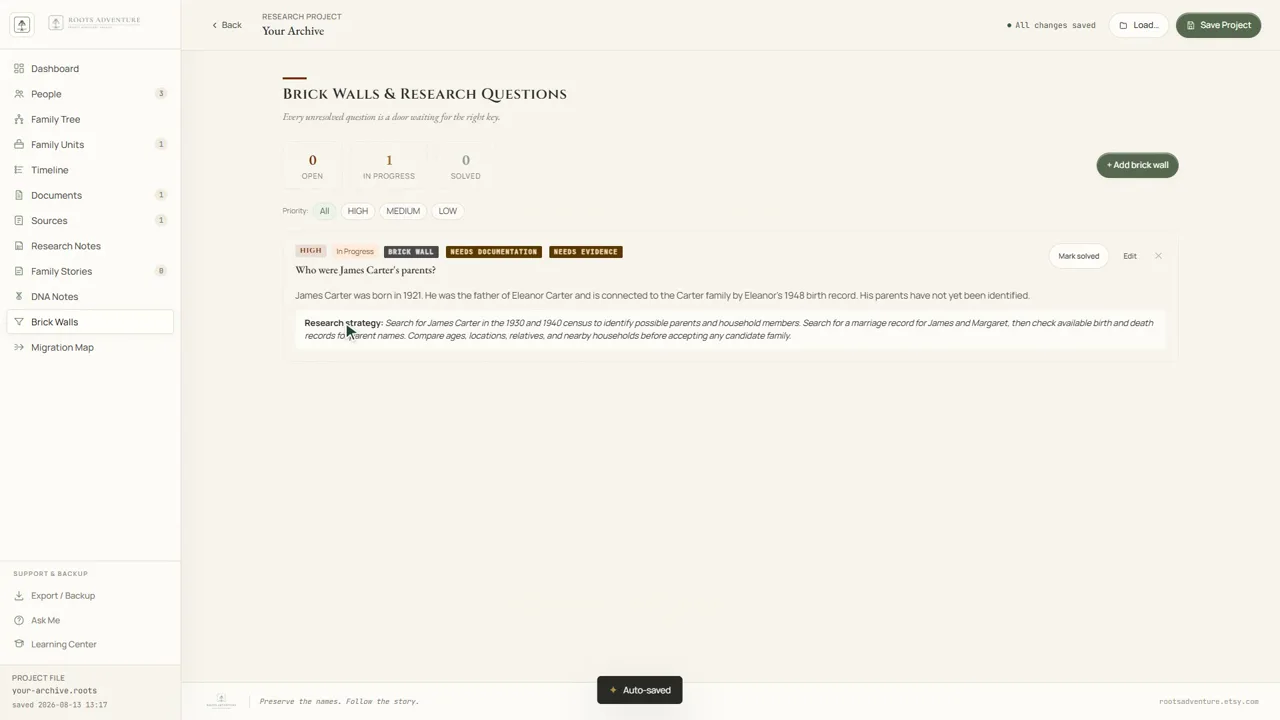 Brick Walls tutorial preview from the Roots Adventure interface.