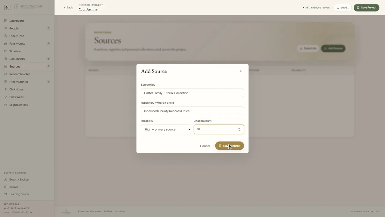 Citations tutorial preview from the Roots Adventure interface.