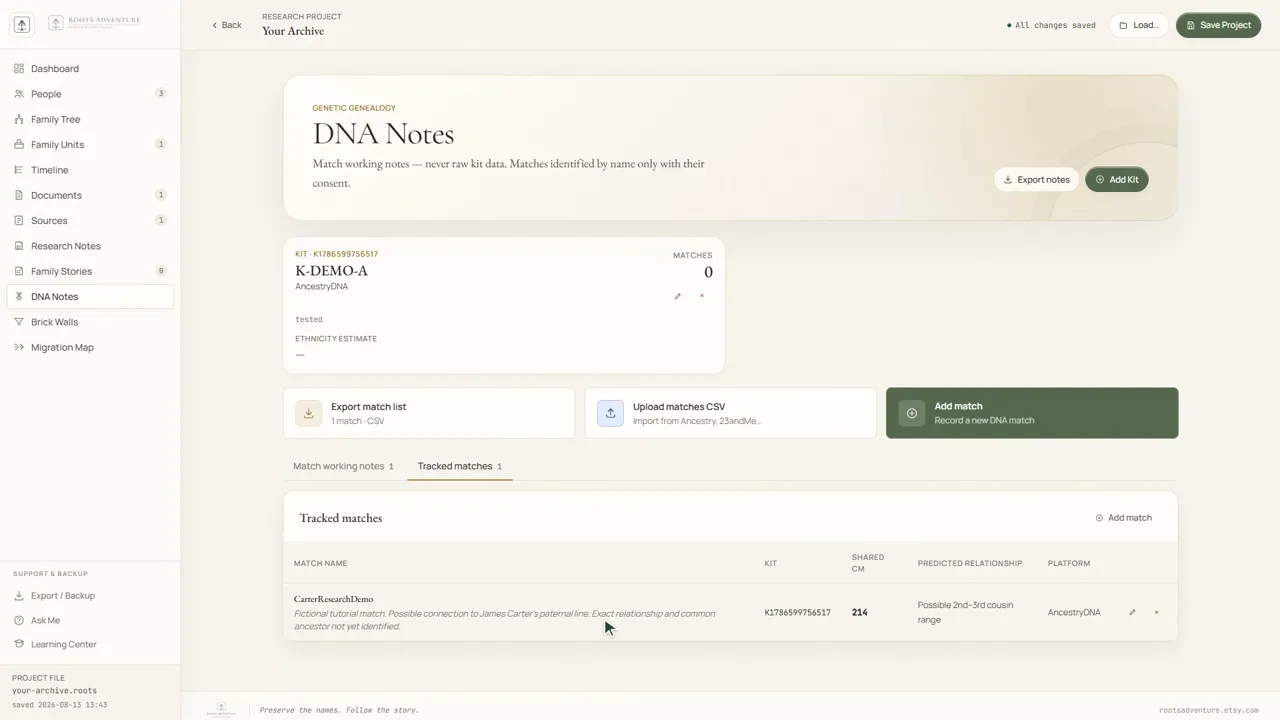 DNA tutorial preview from the Roots Adventure interface.