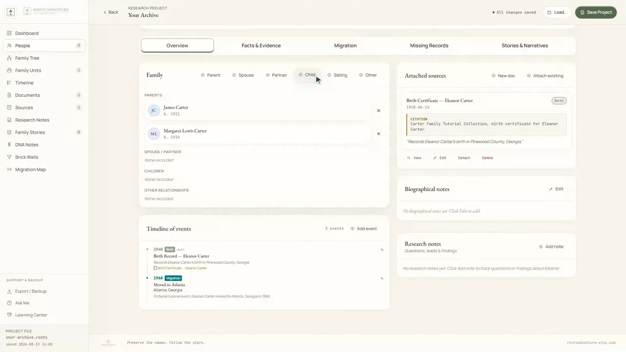 Timelines tutorial preview from the Roots Adventure interface.